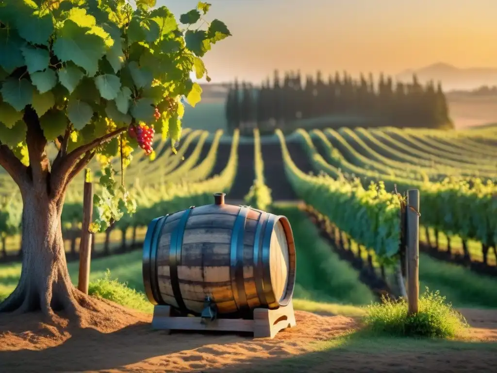 Un atardecer sereno en un viñedo de Uruguay, con barricas de vino y viñedos verdes