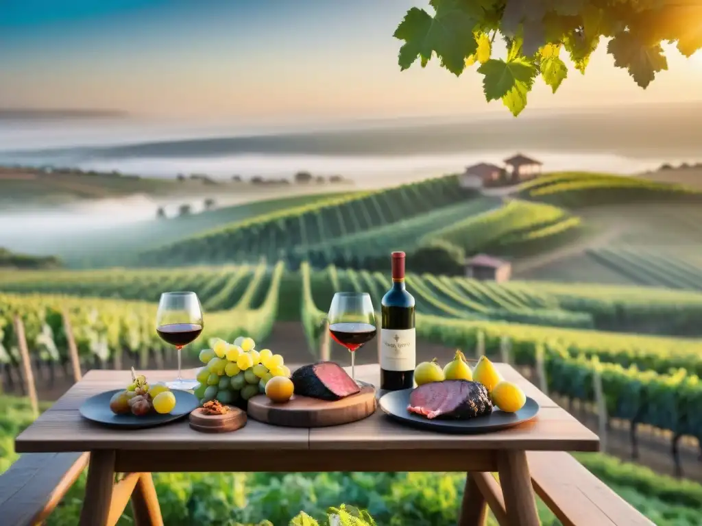 Un atardecer sereno sobre los viñedos de Uruguay, con un asado y maridaje de vinos uruguayos