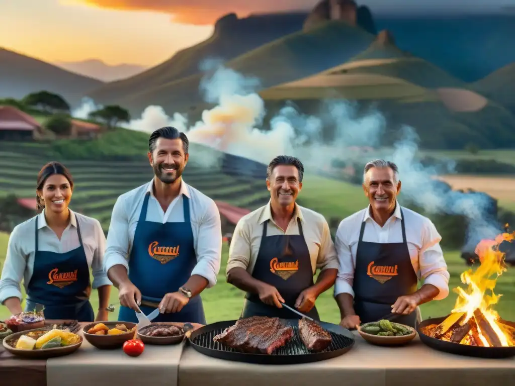 Un atardecer vibrante ilumina a gauchos uruguayos, maestros del asado, en la campiña