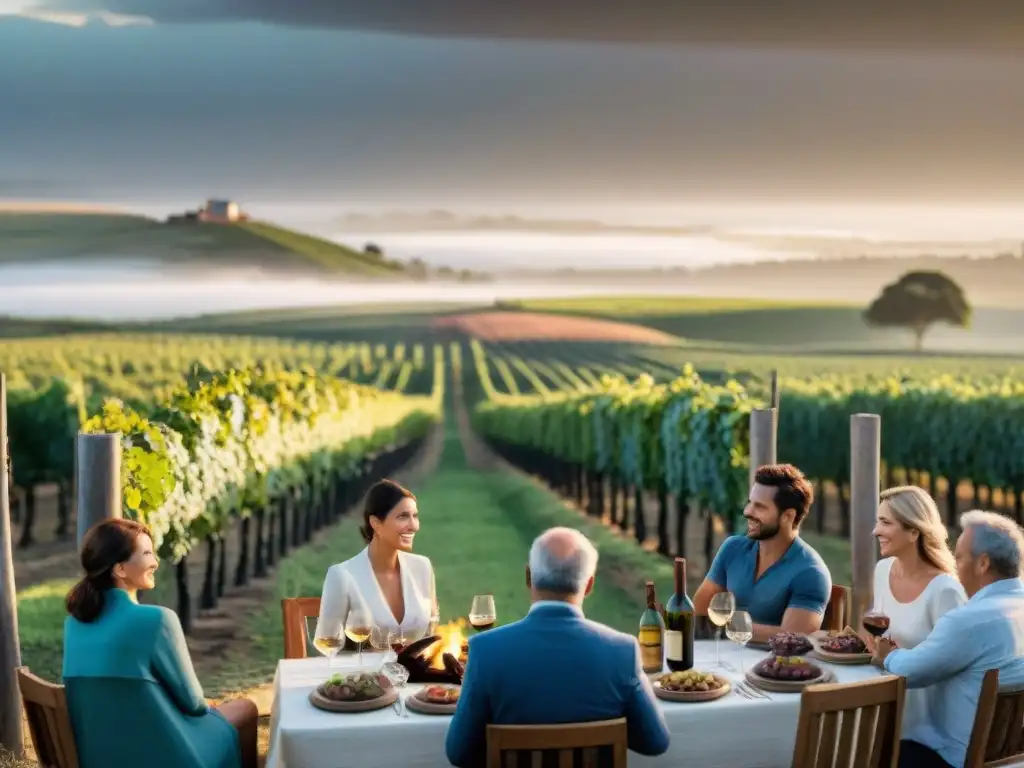 Un atardecer en un viñedo uruguayo con amigos disfrutando un asado, destacando el maridaje vino origen terruño asado