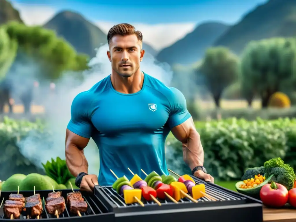 Un atleta en forma asando brochetas saludables en una parrilla moderna en un jardín verde y cielo azul