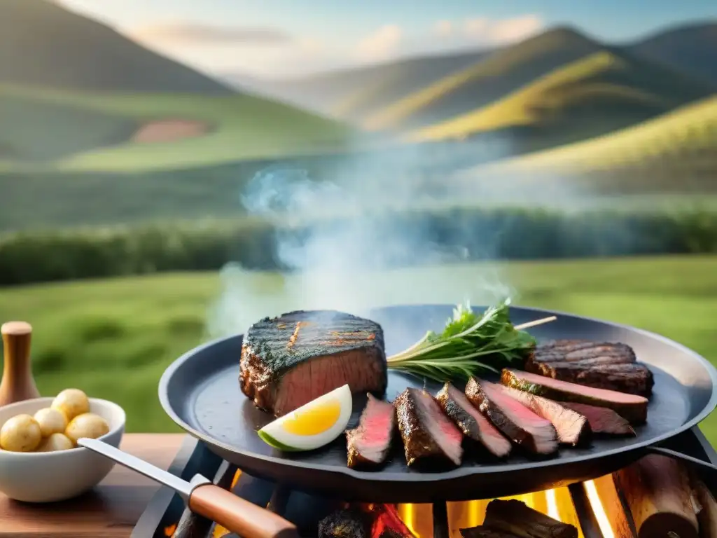 Atmósfera de asado uruguayo al aire libre en un entorno campestre, con colinas verdes al fondo y chef preparando carne a la parrilla