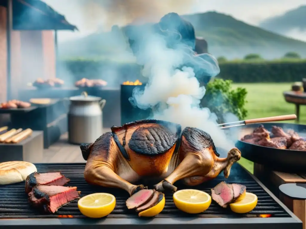 Atmósfera de un asado uruguayo al aire libre con carne de camello asándose en una parrilla, rodeado de expertos gauchos y humo hipnotizante