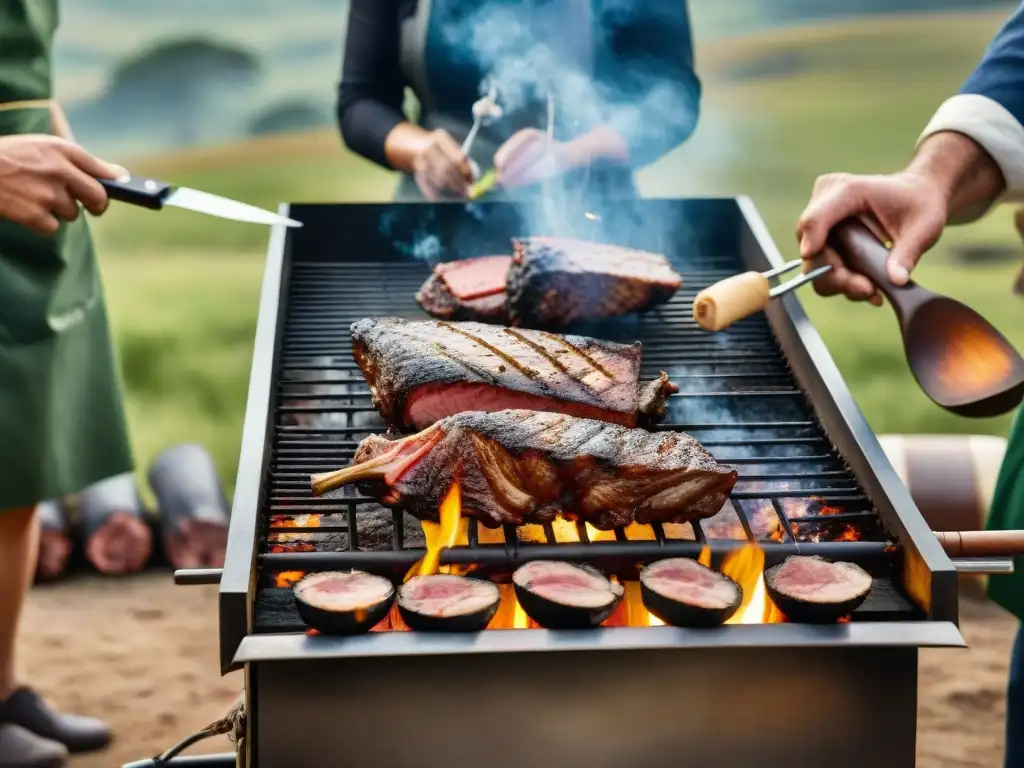 Atmósfera de asado uruguayo con carnes de caza para asado cocinándose al aire libre