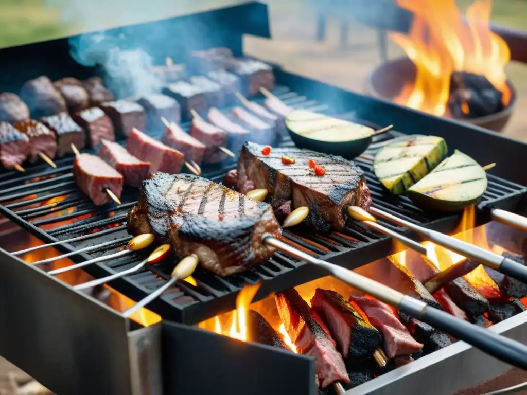 Atmósfera de un asado uruguayo tradicional con diversas carnes cocinándose a la parrilla sobre brasas calientes