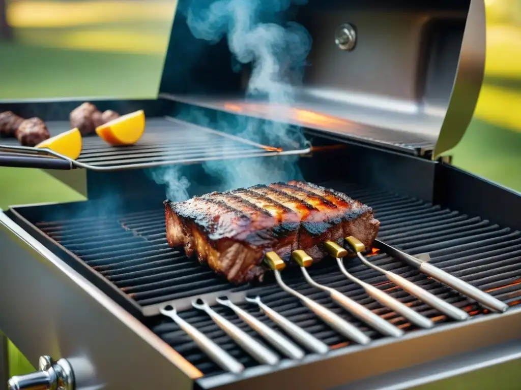 Atmósfera cálida con accesorios personalizados para asado, reflejados en la parrilla de acero inoxidable al atardecer