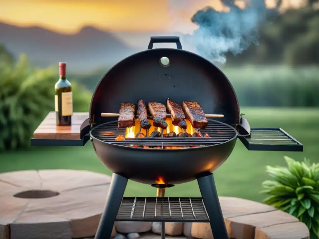 Atmósfera cálida de un asado uruguayo con la mejor parrilla para asado uruguayo, en un entorno natural y acogedor al aire libre