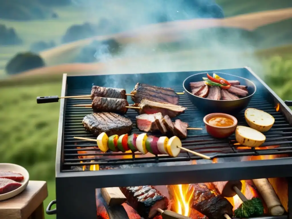 Atmósfera cálida y tradicional del asado uruguayo en la campiña, con gauchos, carnes y brasas