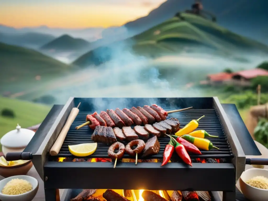 Atmósfera de pasión culinaria: asado argentino, paisaje campestre y guachos