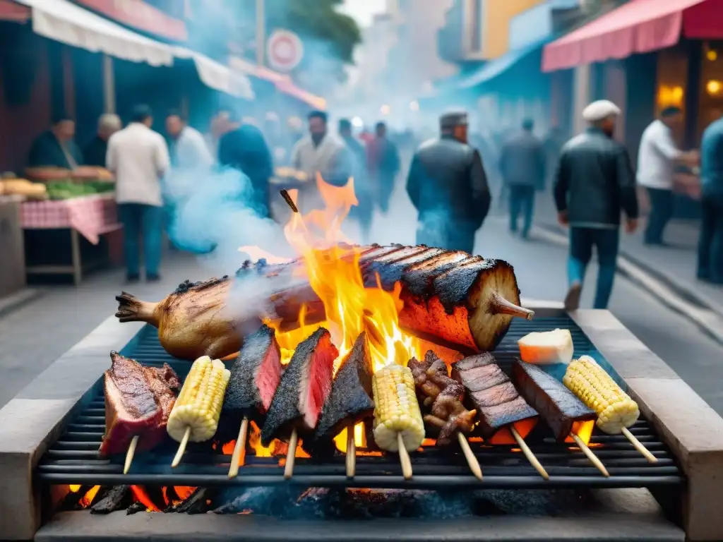 Atmósfera rica del asado uruguayo Montevideo: calle bulliciosa, cortes de carne suculenta a la parrilla, comunidad unida