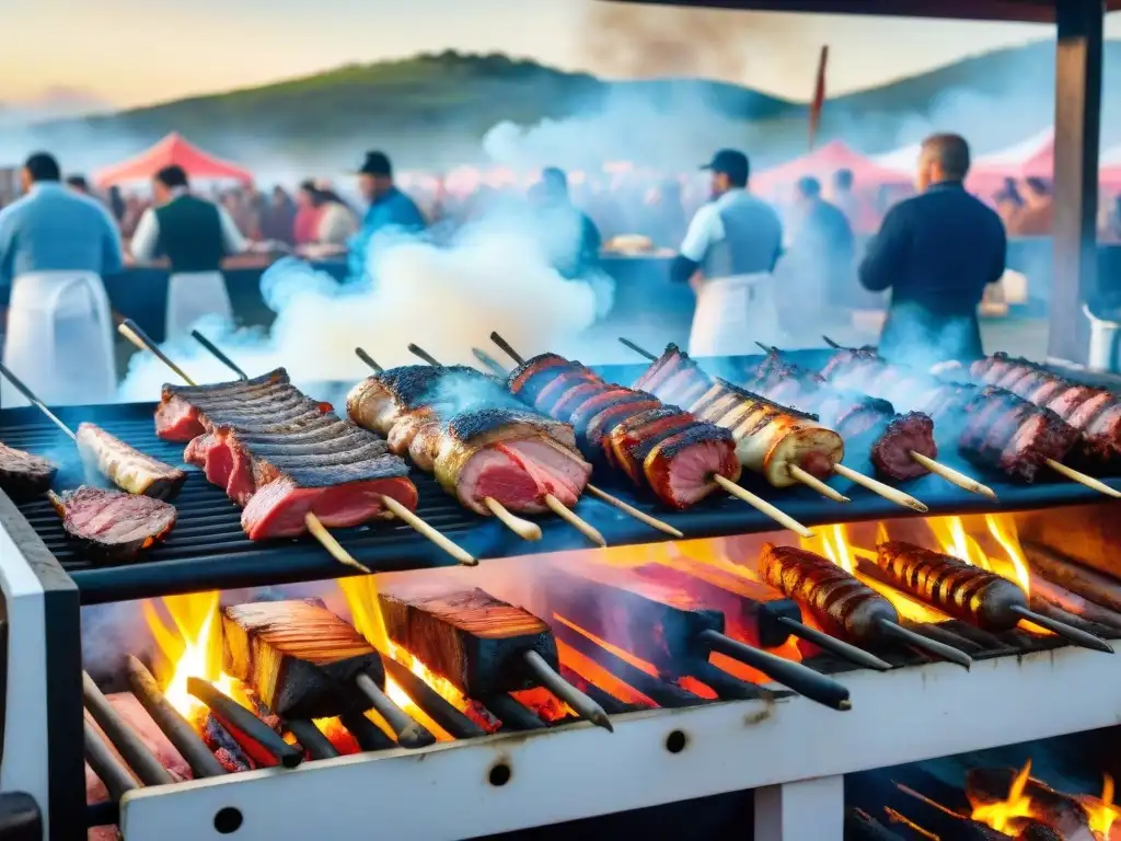 Atmósfera vibrante de un festival gastronómico asado uruguayo con parrillas humeantes al atardecer