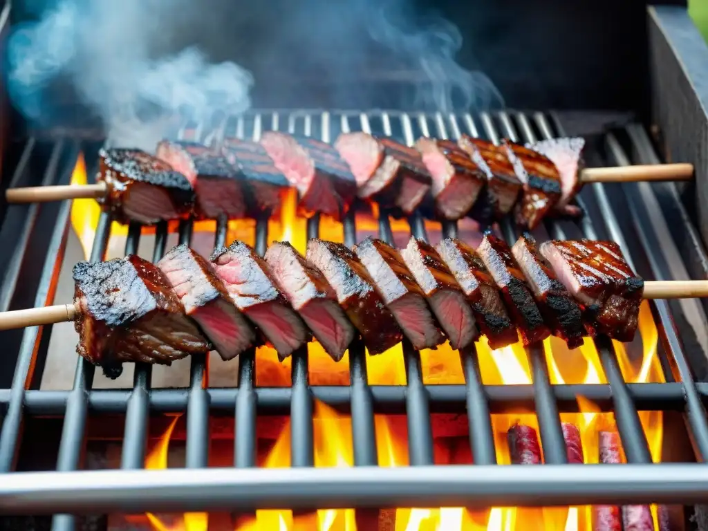 Preparación auténtico asado uruguayo parrilla con cortes de carne y vegetales asándose sobre brasas brillantes