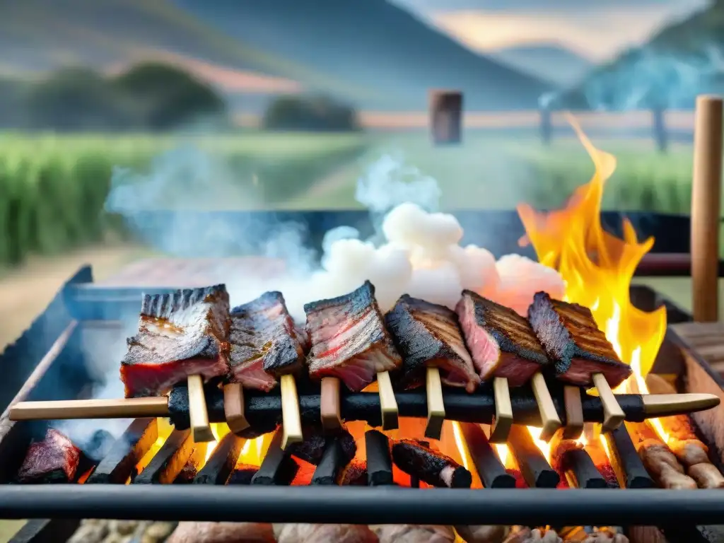 Preparación auténtico asado uruguayo parrilla: Parrillada tradicional en el campo, carnes al fuego y asador experto