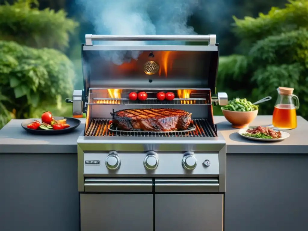 Avanzada parrilla de acero inoxidable con tecnologías para parrillada más limpia, panel digital y utensilios modernos al aire libre