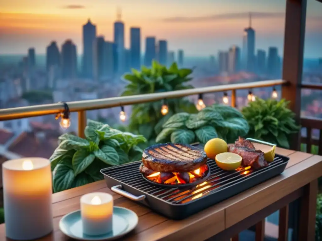 Un balcón acogedor con asado y ciudad al atardecer