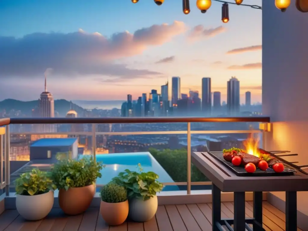 Un balcón acogedor convertido en estación de asado eficiente, con una parrilla, mesa elegante y skyline urbano al atardecer