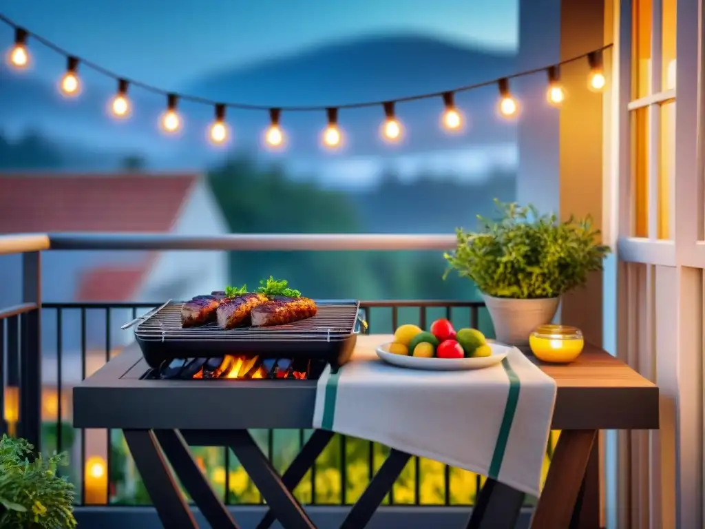 Un balcón acogedor convertido en estación de asado eficiente, con parrilla compacta, hierbas colgantes, mesa plegable y luces de hadas