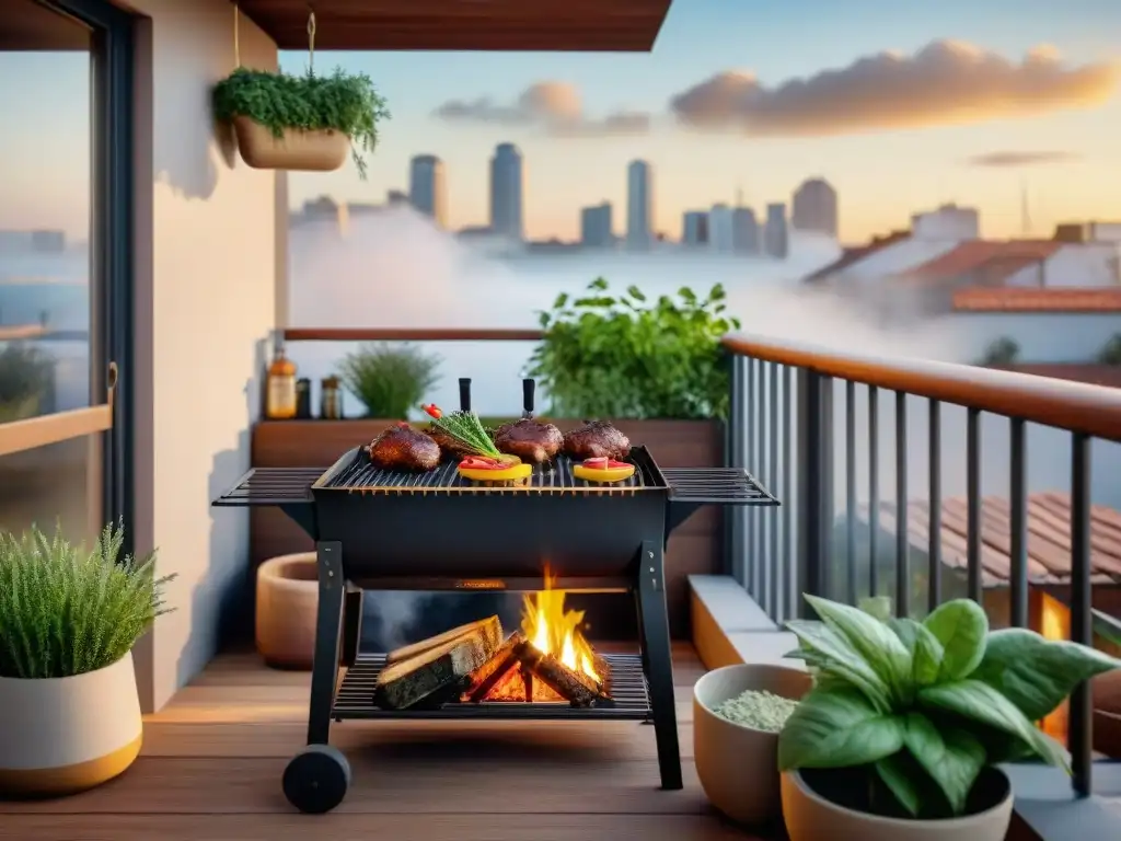 Un balcón urbano convertido en estación de asado uruguayo en espacios limitados, con una atmósfera acogedora al atardecer