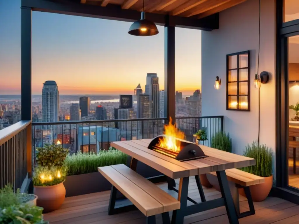 Un balcón urbano transformado en un innovador espacio para asados, con amigos disfrutando de una cena al atardecer