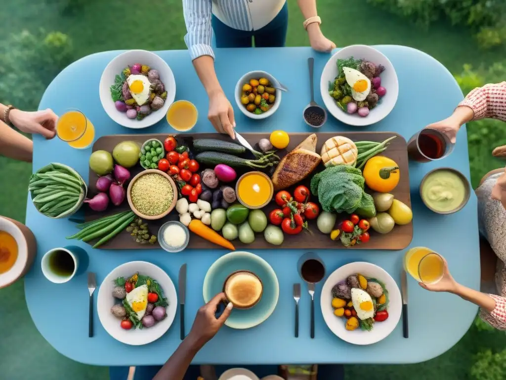 Un banquete al aire libre vibrante y detallado, rodeado de personas felices, con alimentos saludables y coloridos