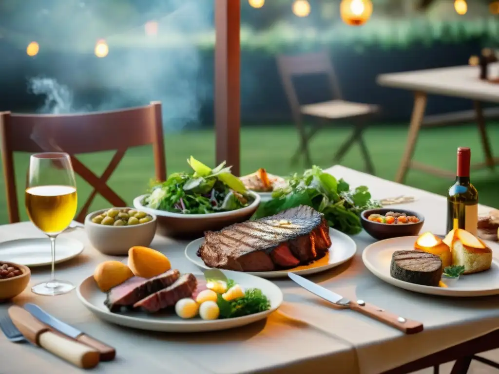 Un banquete exquisito en un asado uruguayo al aire libre con vinos para maridaje