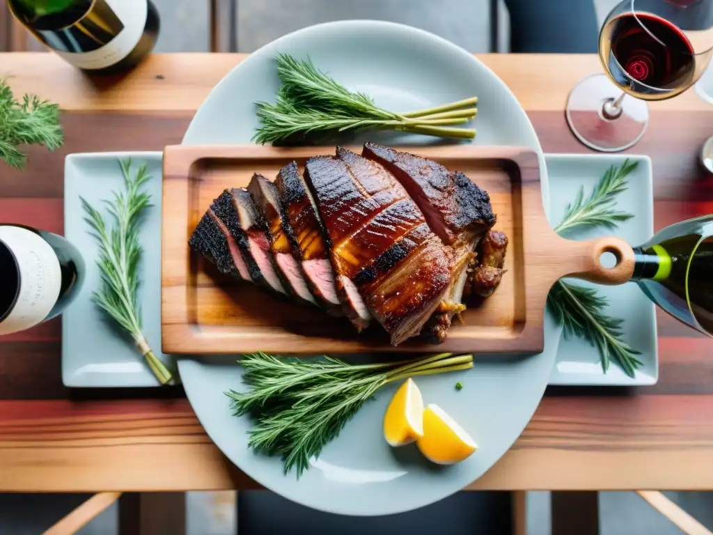 Un banquete perfecto: maridaje vinos uruguayos asado perfecto en mesa de madera rústica con elegante presentación de carnes y vinos