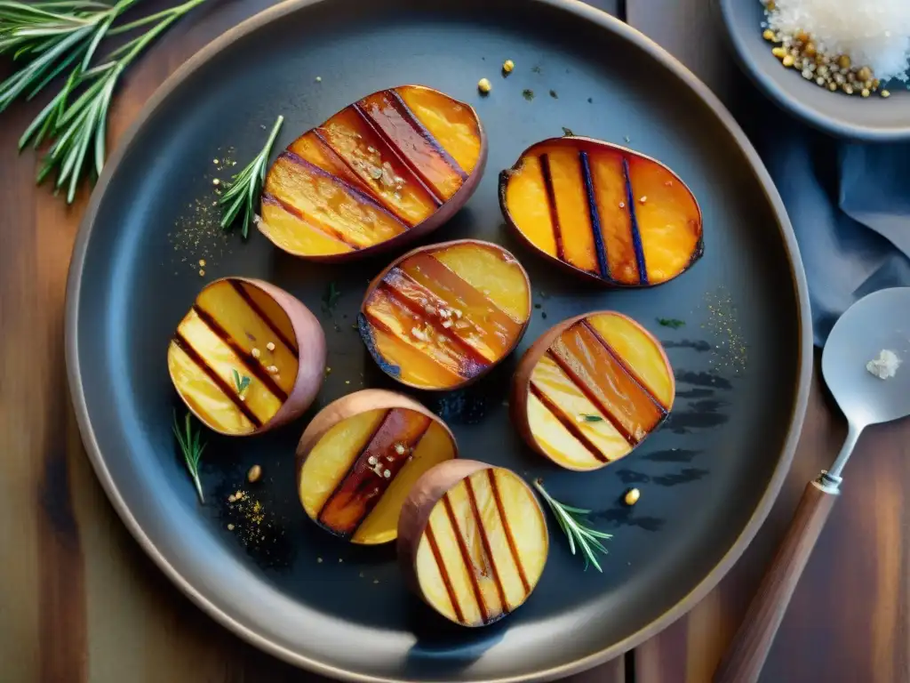 Batatas caramelizadas asadas en un asado uruguayo, deleite gourmet con miel y romero