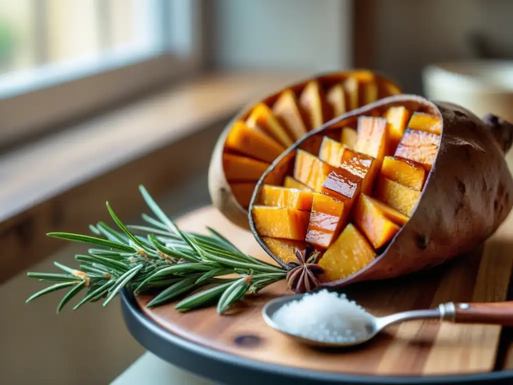 Batatas caramelizadas asado uruguayo: dulces y brillantes, con sal marina y romero fresco en tabla de madera rústica