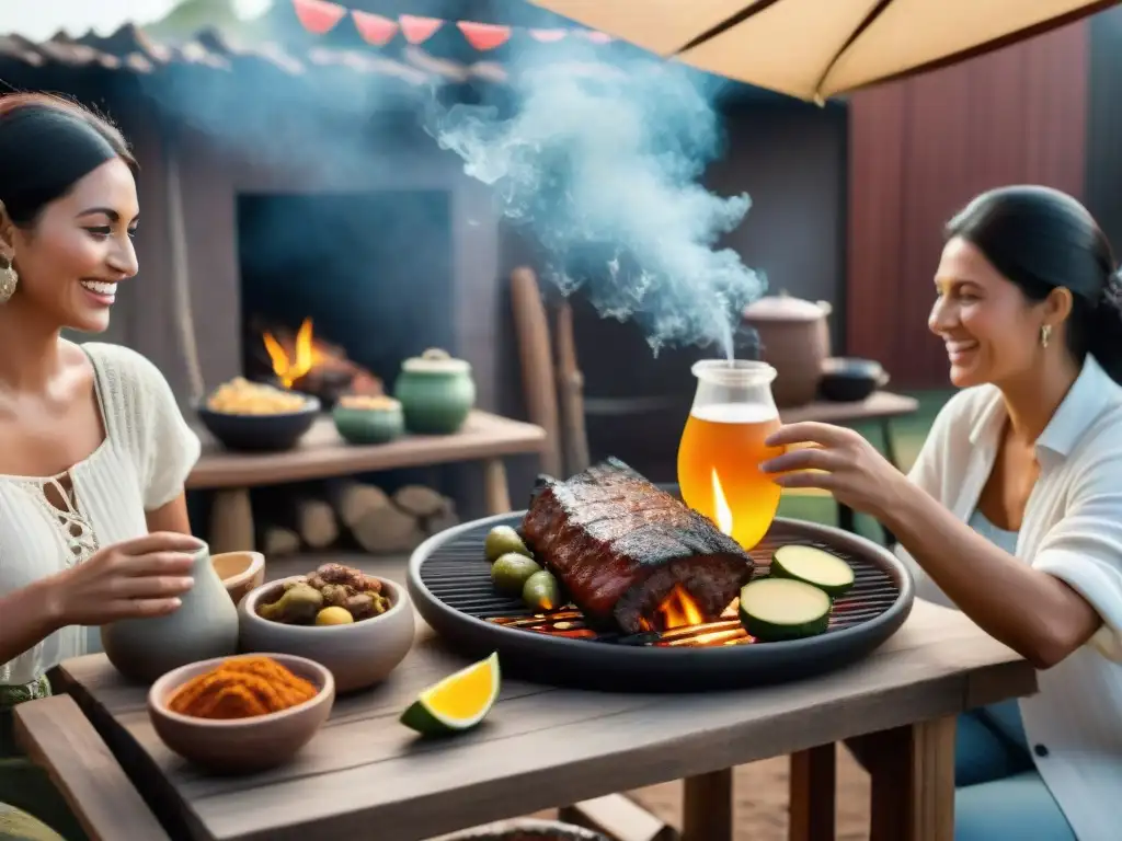 Disfrute de bebidas fermentadas en asado uruguayo con amigos diversos en un patio rústico