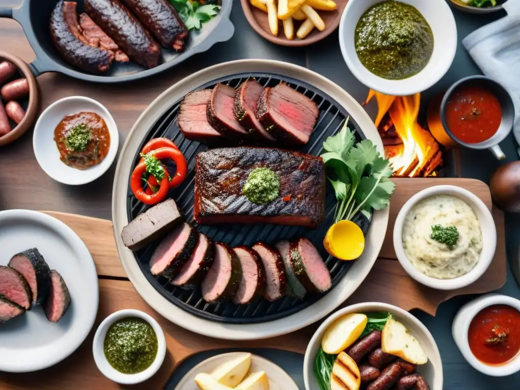 Deléitate con los beneficios del asado uruguayo: una parrillada perfectamente cocida con carnes variadas, chimichurri y amigos reunidos