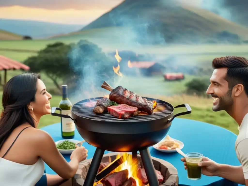 Beneficios emocionales del asado uruguayo: Grupo diverso disfruta del asado bajo el cielo azul, creando un ambiente cálido y acogedor