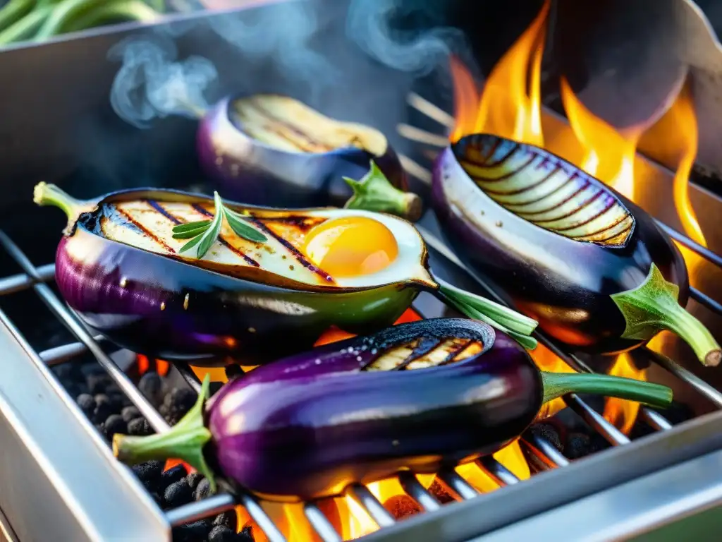 Berenjenas asadas a la parrilla con hierbas frescas y aceite de oliva, listas para disfrutar