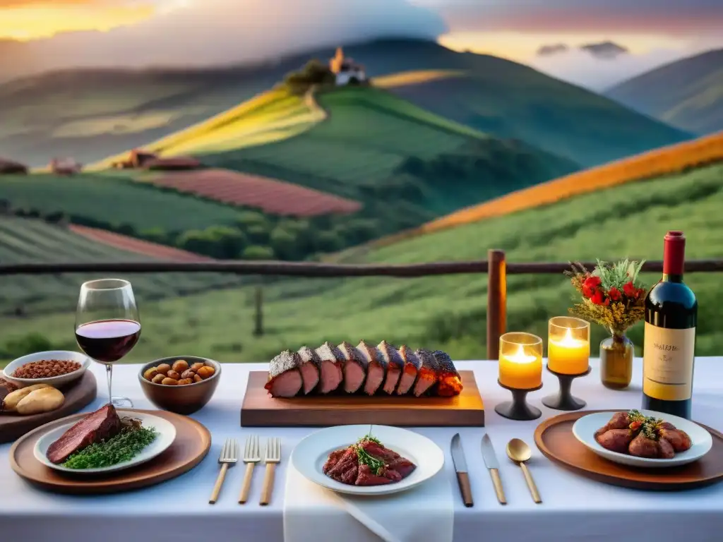 Una boda tradicional uruguaya con asado en el campo, mesa elegante y huéspedes brindando con vino tinto al atardecer