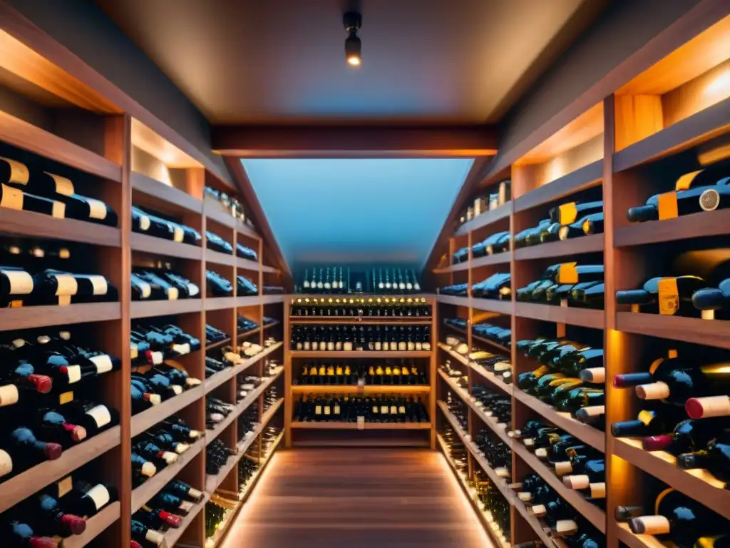 Una bodega de vinos de alta gama asado con botellas premium en filas, iluminada cálidamente, detalle de etiquetas y colores de vinos