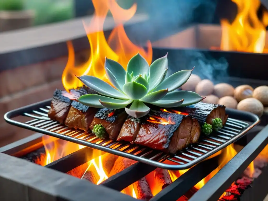 Una bondiola asándose a fuego lento en un asador argentino tradicional, jugos brillantes, cocción perfecta