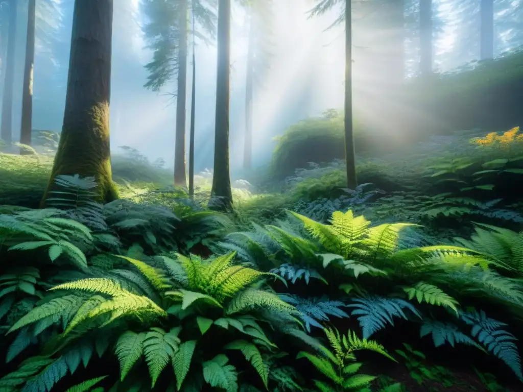 Un bosque exuberante con árboles altos, follaje vibrante y un cielo azul claro