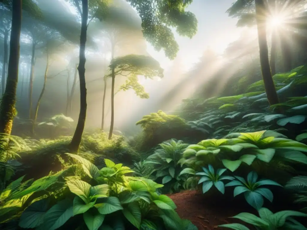 Un bosque exuberante y armonioso, con luz solar filtrándose entre el dosel, resaltando la vida vegetal y animal en perfecta comunión