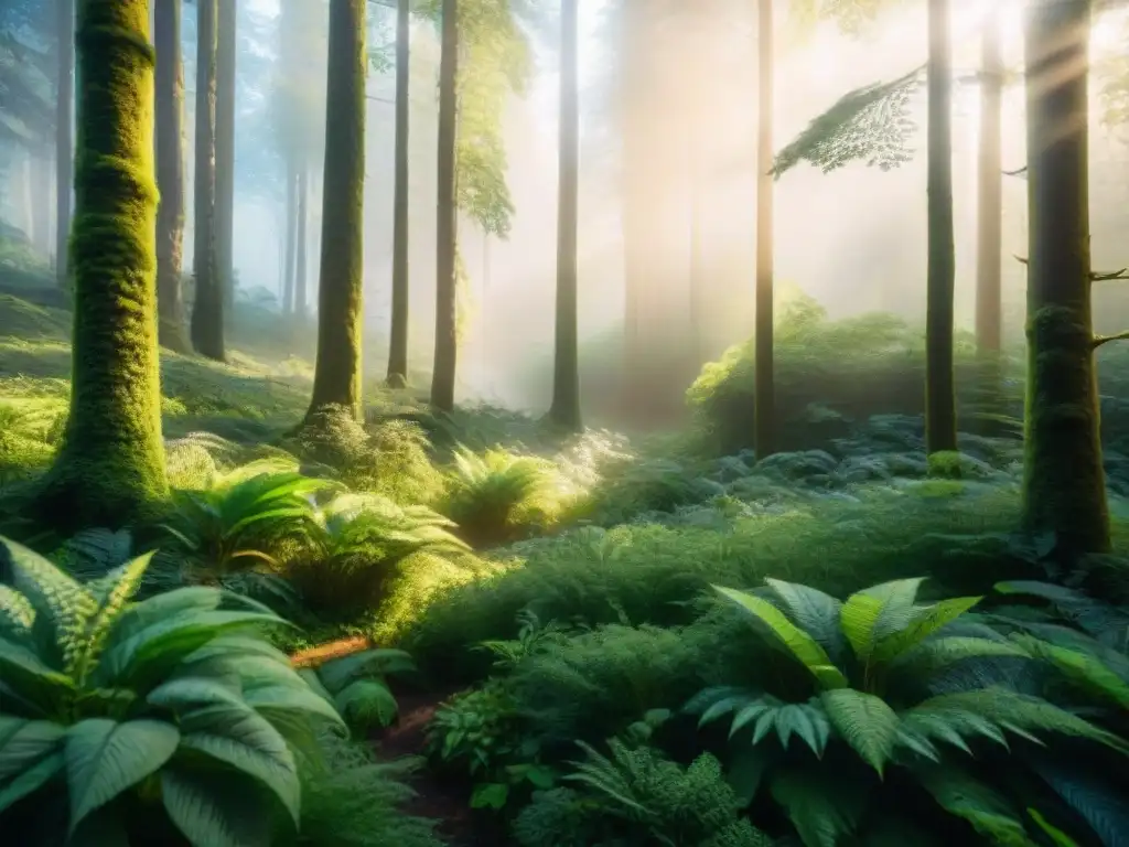 Un bosque exuberante con río, animales y luz filtrándose entre los árboles, transmitiendo tranquilidad y biodiversidad