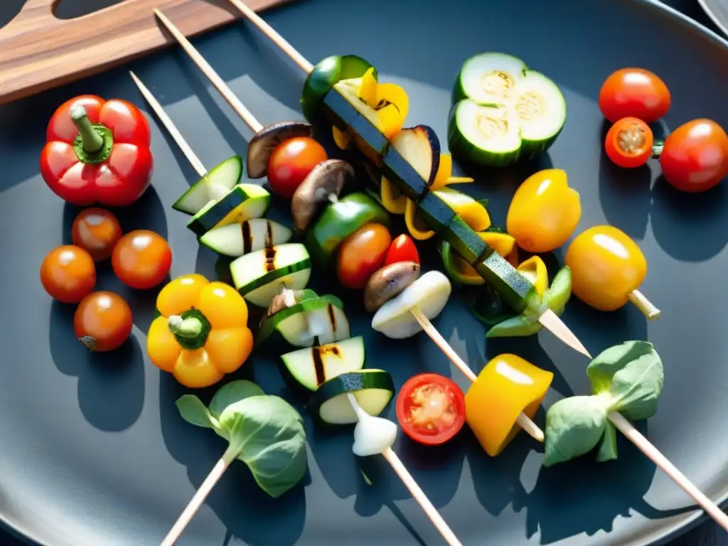 Brochetas de vegetales asados brillantes al sol, capturando la esencia de recetas saludables de vegetales asados