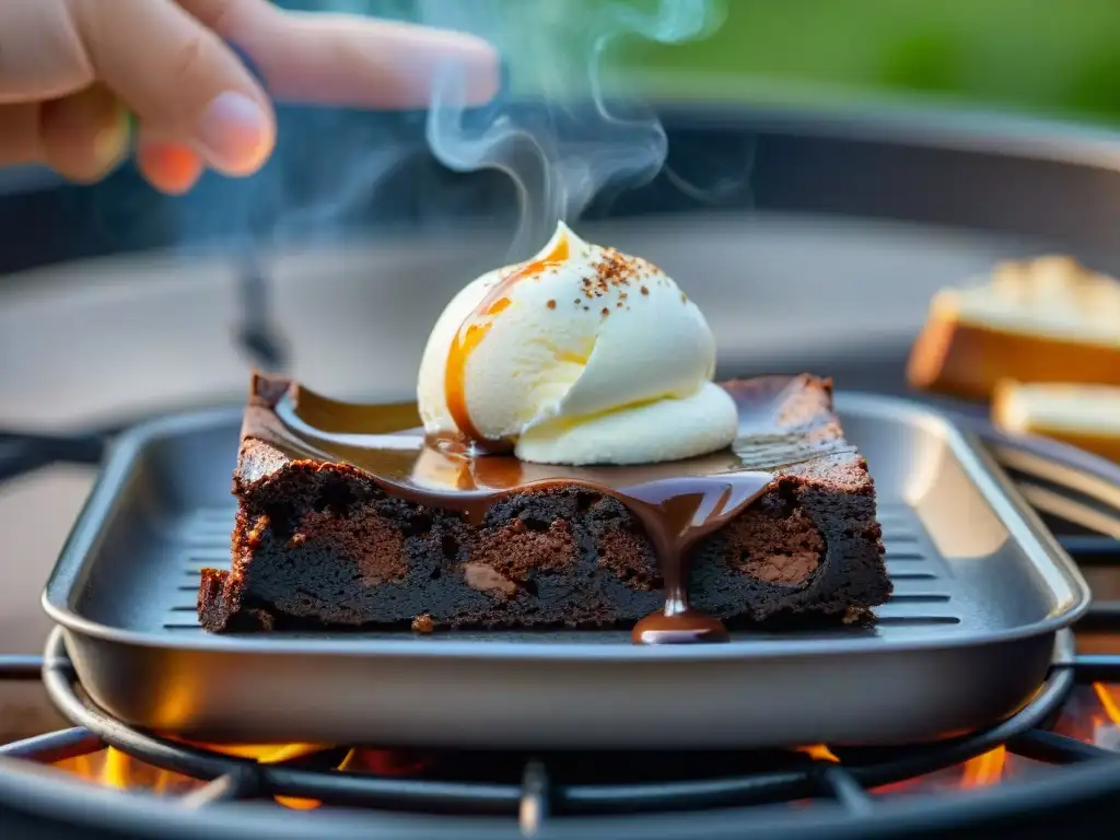 Un brownie decadente a la parrilla con helado de vainilla, fundiéndose y creando una deliciosa combinación de sabores y texturas