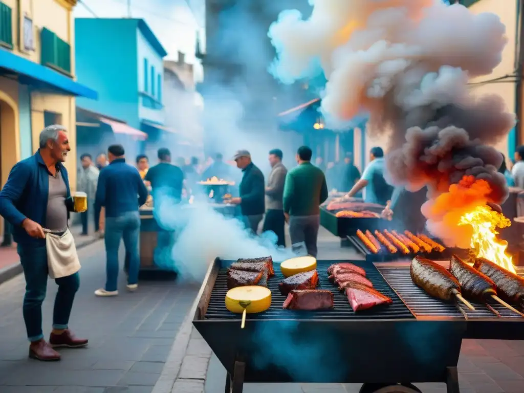 Una bulliciosa calle de Montevideo llena de humo de asado uruguayo