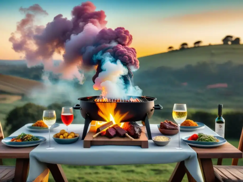 Un bullicioso evento alrededor del asado uruguayo: gente riendo y disfrutando alrededor de una parrilla gigante bajo el sol dorado