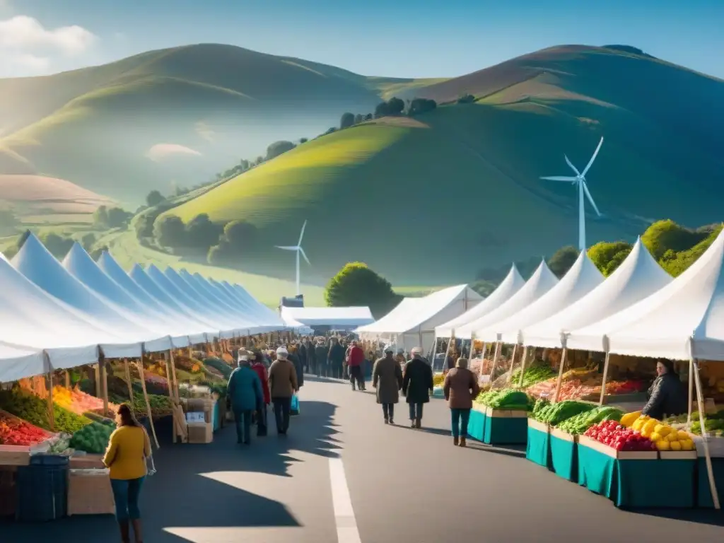 Un bullicioso mercado agrícola con puestos coloridos y productos frescos, bajo un sol brillante