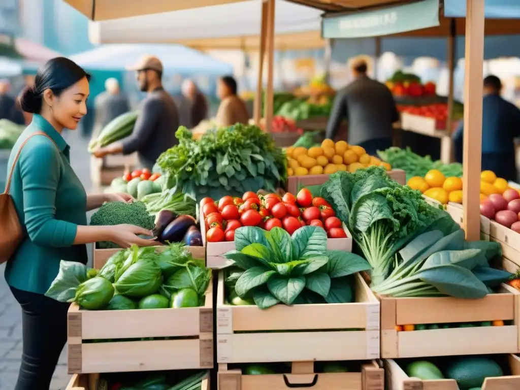 Un bullicioso puesto de mercado rebosante de frutas y verduras frescas y coloridas, transmitiendo comunidad y salud