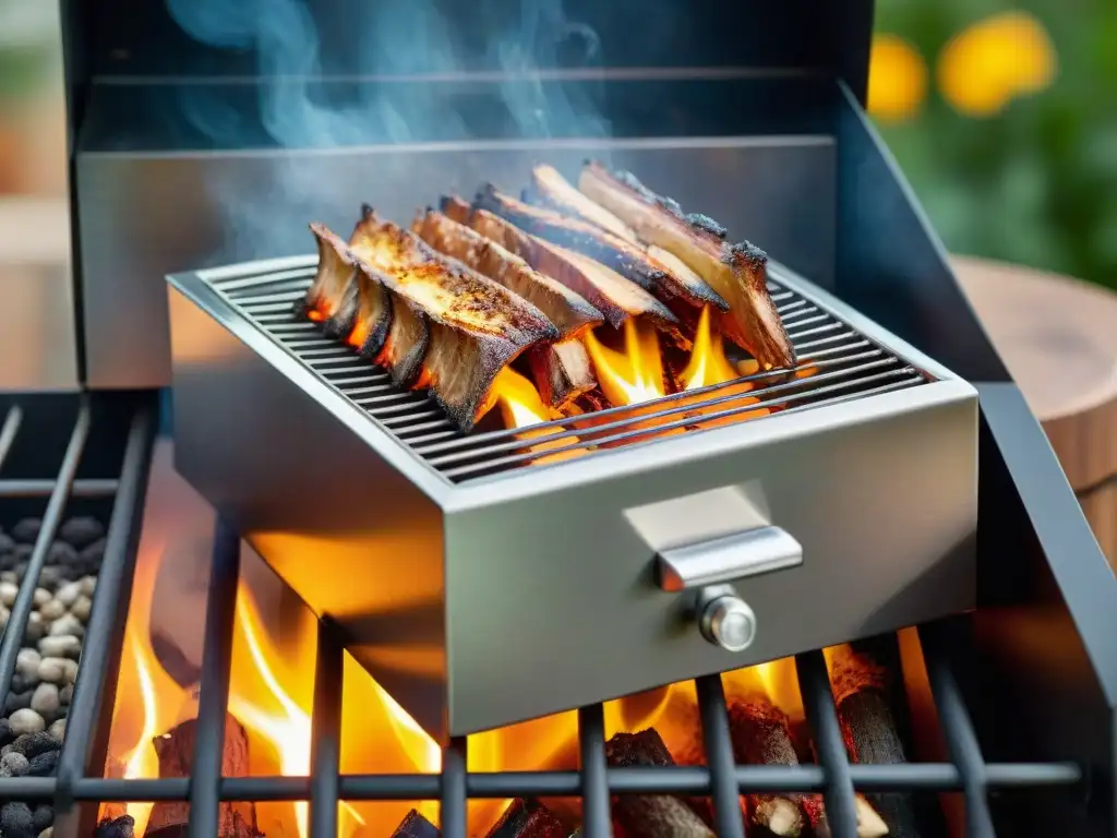 Cajas ahumar parrilla sabor platos: Una caja de acero inoxidable en la parrilla, con chips de madera de nogal, rodeada de llamas vibrantes