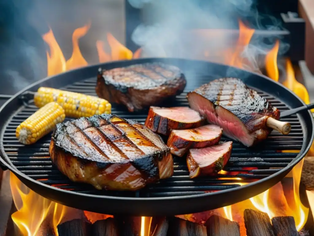 Cajas ahumar parrilla sabor platos: Carnes sizzling con humo y jugos chispeantes, texturas y colores vibrantes