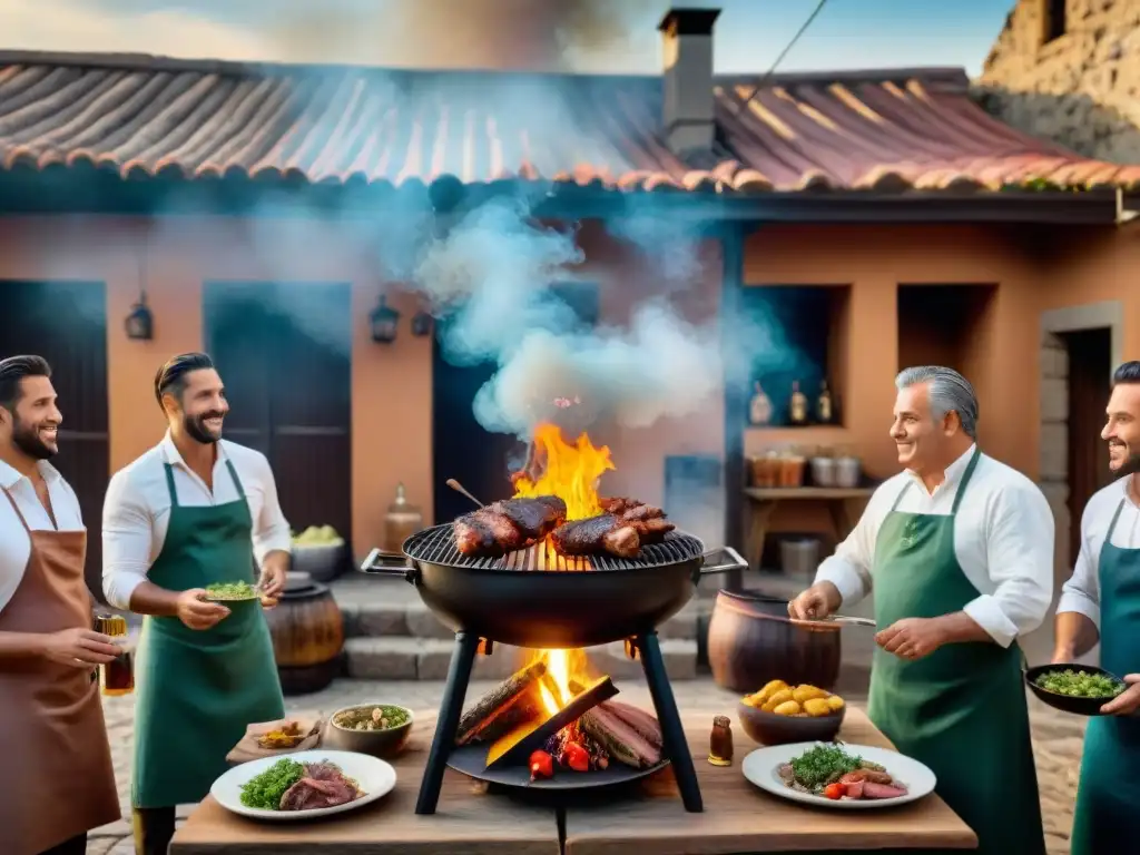 Un cálido atardecer en Uruguay con una preparación tradicional de asado, chimichurri y camaradería