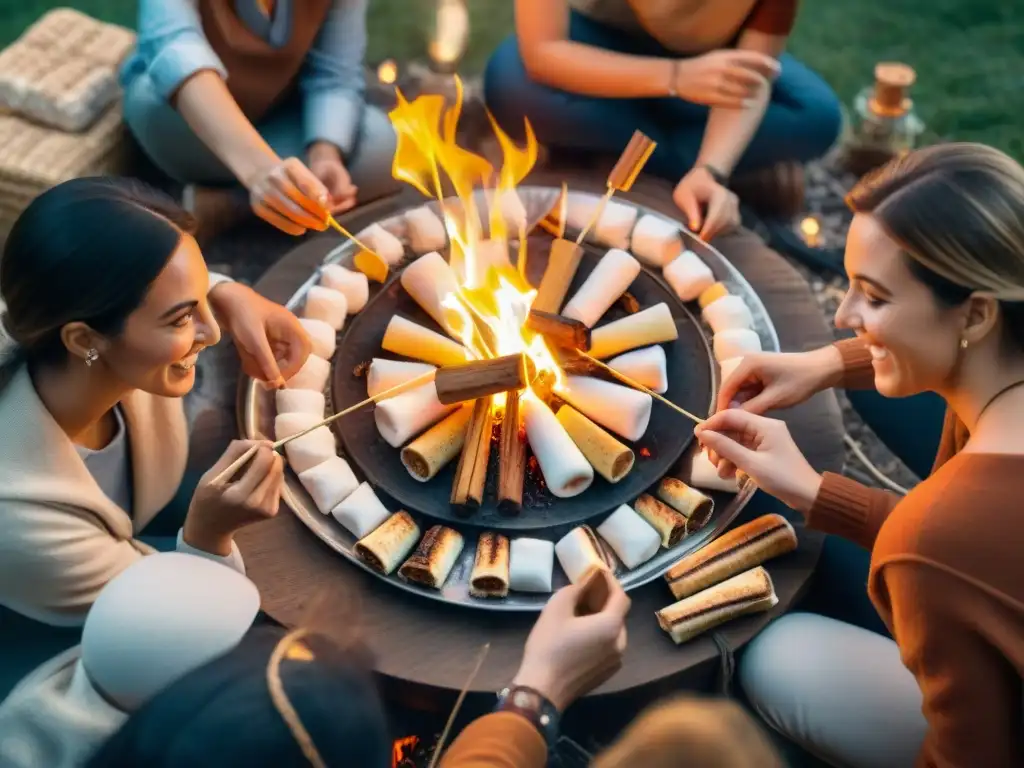 Un campamento acogedor iluminado por una fogata radiante donde amigos disfrutan de s'mores estilo uruguayo