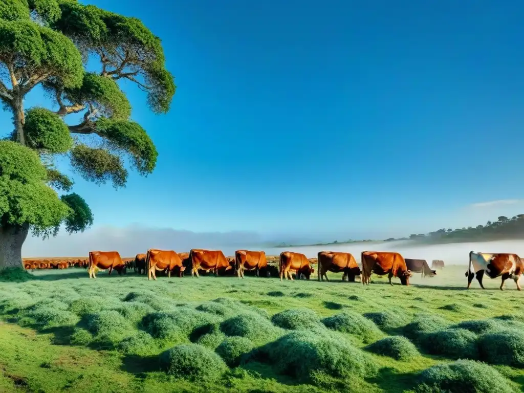 Un campo exuberante en Uruguay con ganado feliz pastando