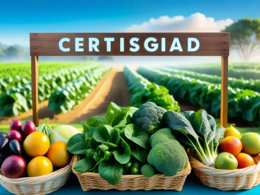 Campo verde con frutas y verduras coloridas en canastas, certificaciones sostenibilidad productos asar